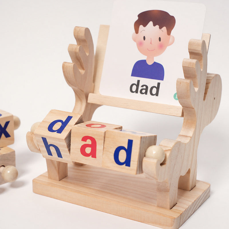 Spelling Learning Toy with Rotating Wooden Blocks and Cards