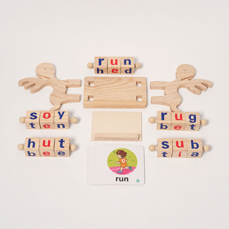 Spelling Learning Toy with Rotating Wooden Blocks and Cards