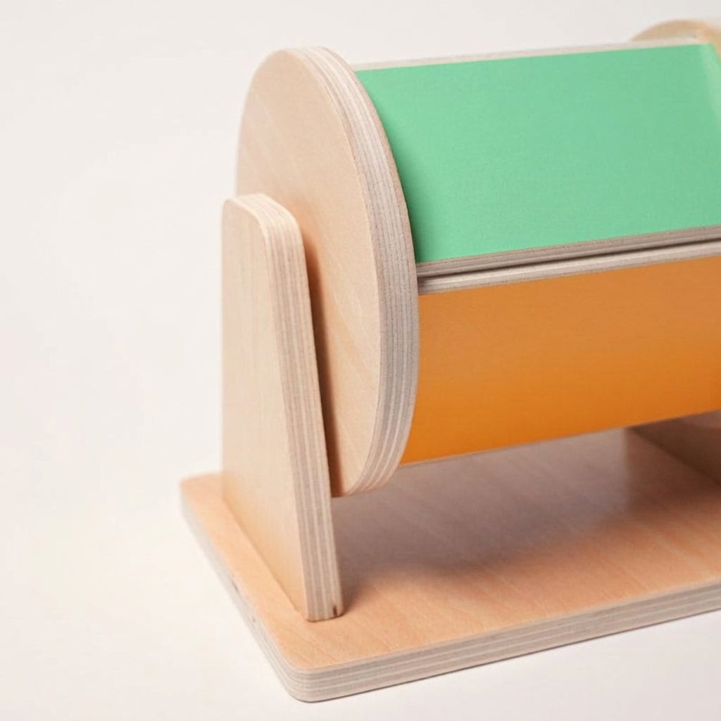 Spinning Drum Toy with Wooden Stand and Colorful Panels