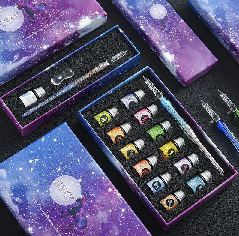 Glass Dip Pen Set with Crystal Holder and Ink