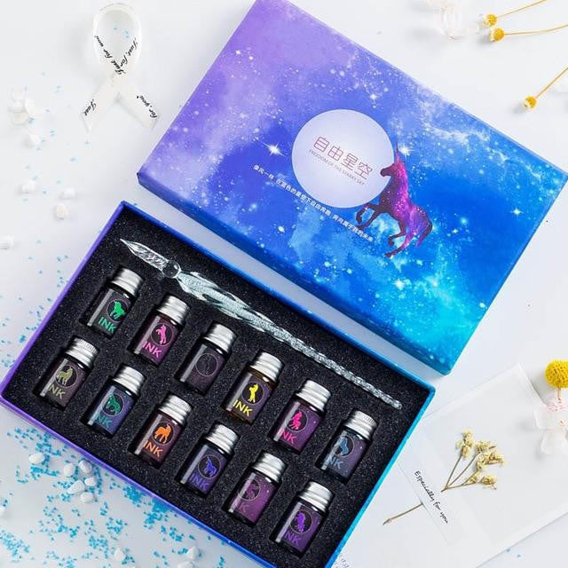 Glass Dip Pen Set with Crystal Holder and Ink
