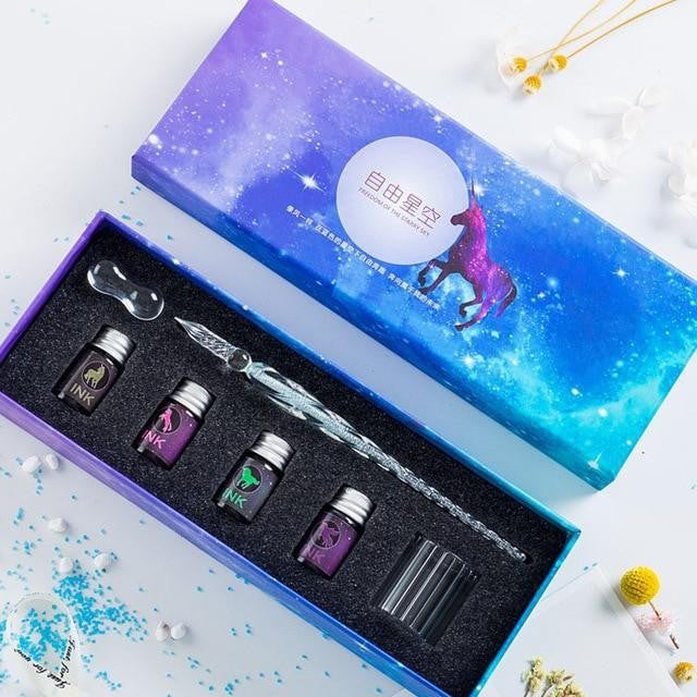 Glass Dip Pen Set with Crystal Holder and Ink