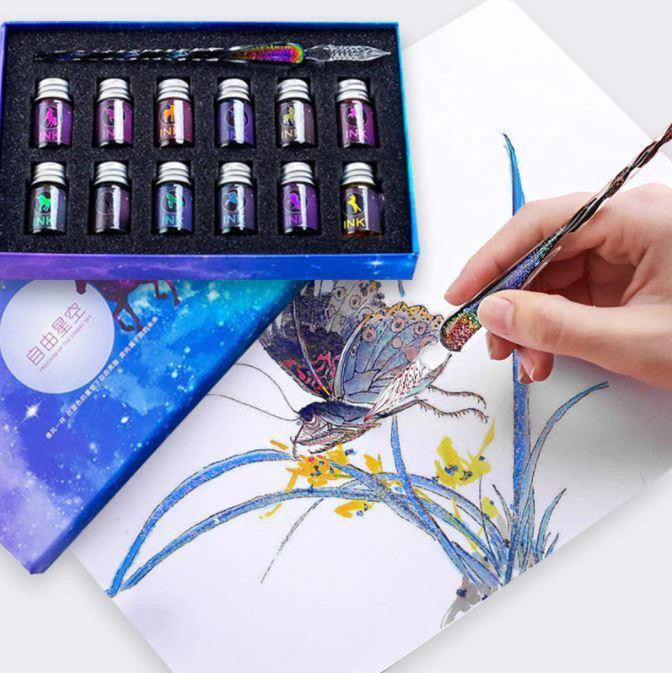 Glass Dip Pen Set with Crystal Holder and Ink