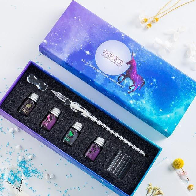 Glass Dip Pen Set with Crystal Holder and Ink