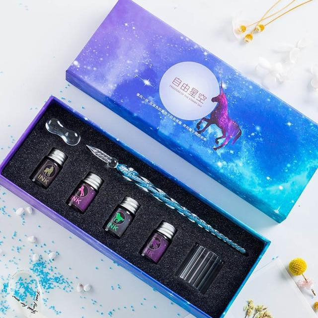 Glass Dip Pen Set with Crystal Holder and Ink