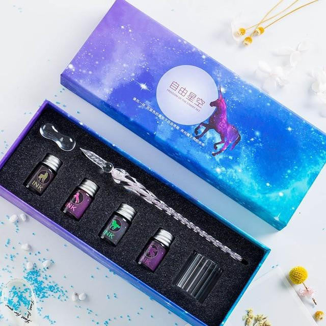 Glass Dip Pen Set with Crystal Holder and Ink