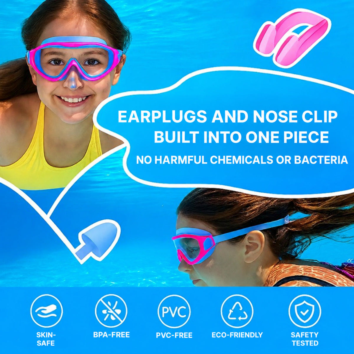 Swim Goggles Kids with Nose Clip and Ear Plugs Set