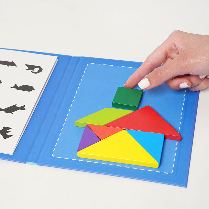 Tangram Puzzle Book with Magnetic Wooden Pieces for Kids