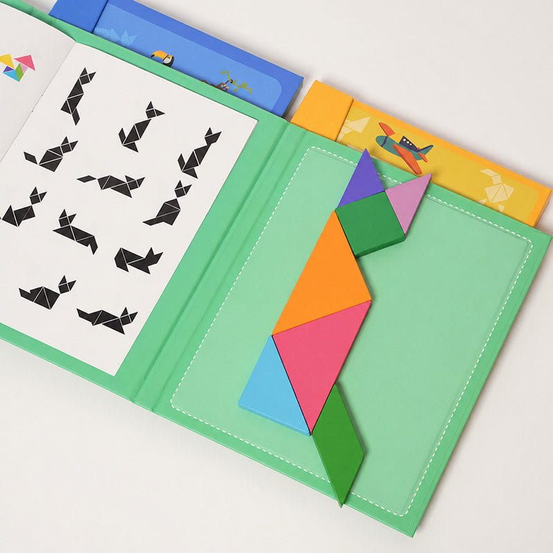 Tangram Puzzle Book with Magnetic Wooden Pieces for Kids