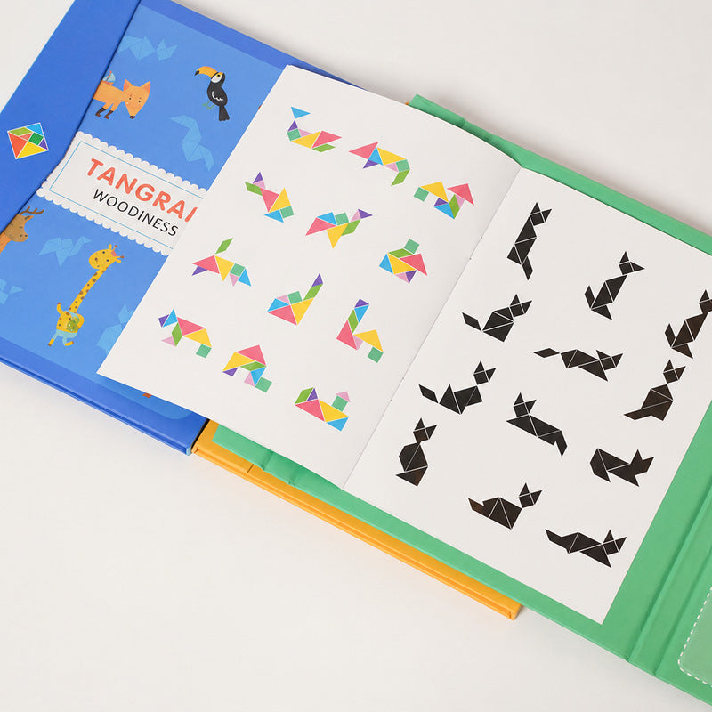 Tangram Puzzle Book with Magnetic Wooden Pieces for Kids