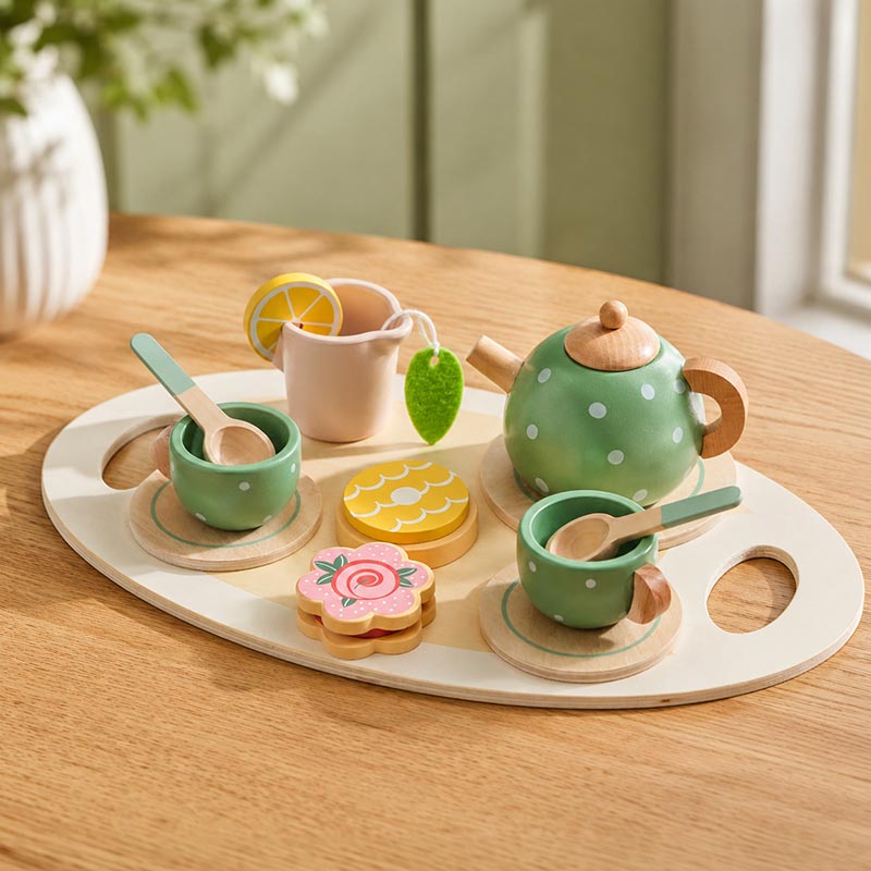 Wooden Tea Set with Tray and 14 Pretend Play Pieces