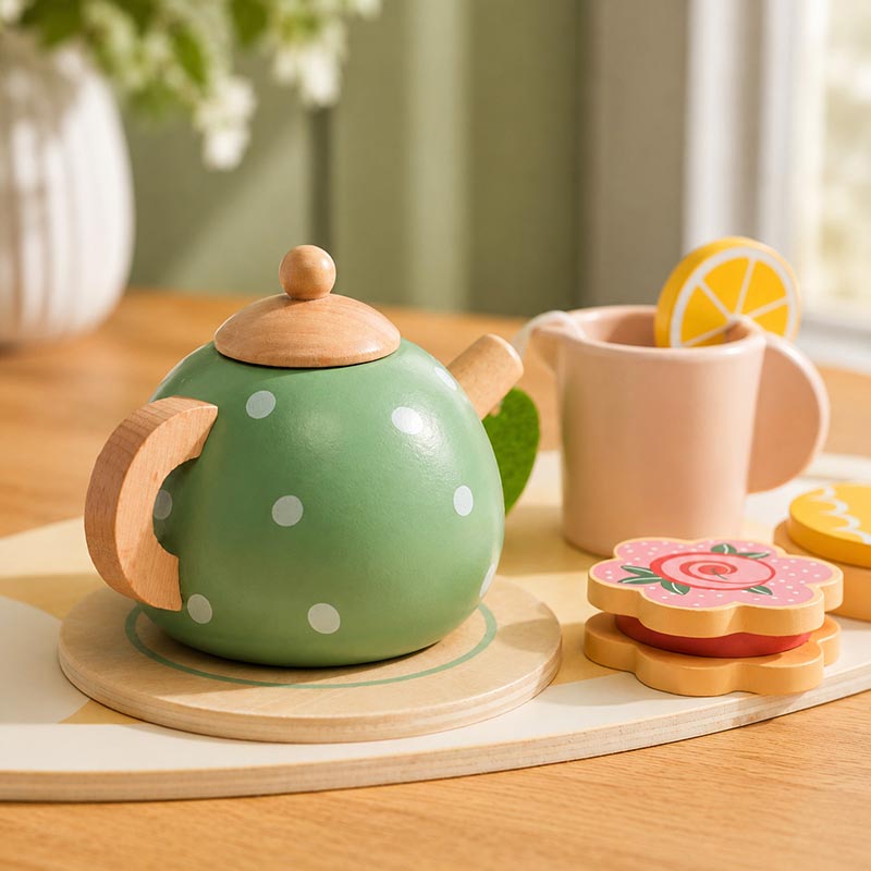 Wooden Tea Set with Tray and 14 Pretend Play Pieces