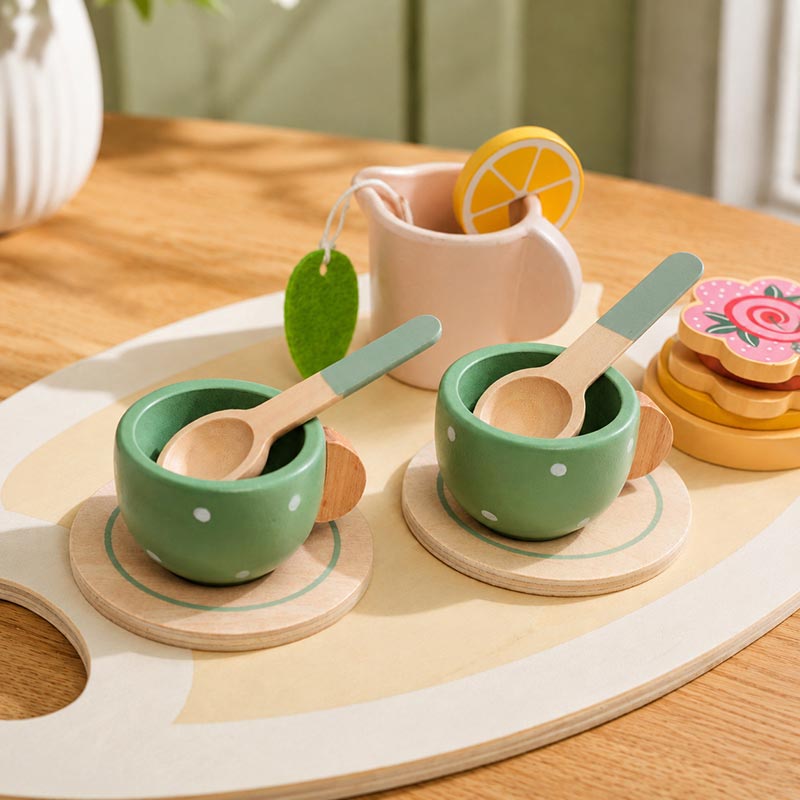 Wooden Tea Set with Tray and 14 Pretend Play Pieces