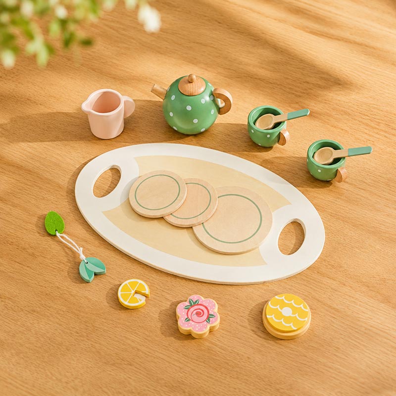 Wooden Tea Set with Tray and 14 Pretend Play Pieces