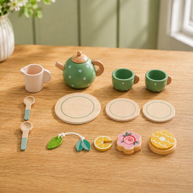 Wooden Tea Set with Tray and 14 Pretend Play Pieces