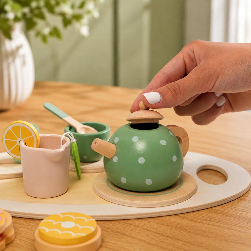 Wooden Tea Set with Tray and 14 Pretend Play Pieces