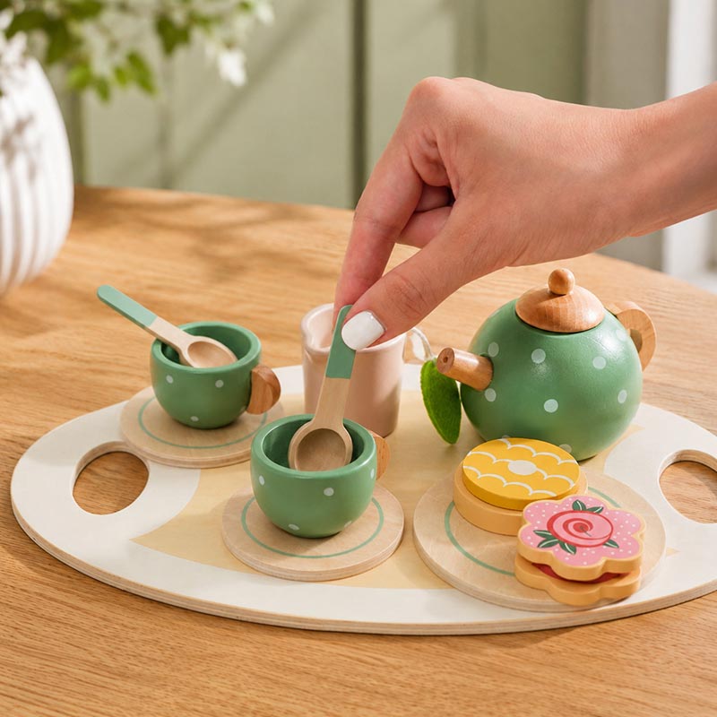 Wooden Tea Set with Tray and 14 Pretend Play Pieces