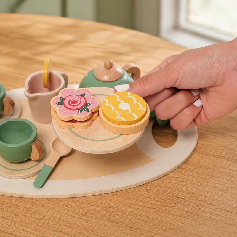 Wooden Tea Set with Tray and 14 Pretend Play Pieces