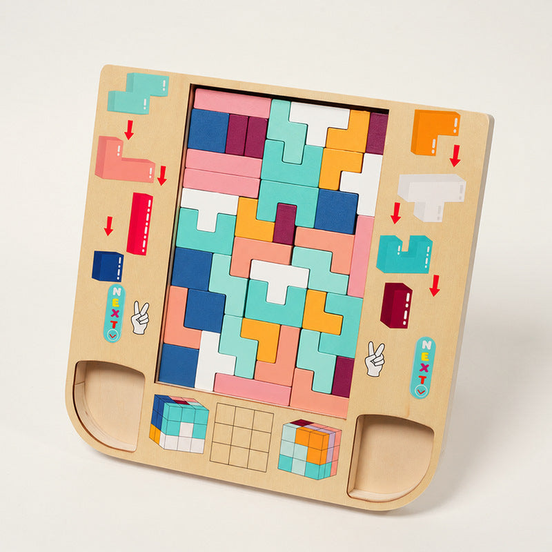 Tetris Puzzle Board with Colorful Wooden Shapes