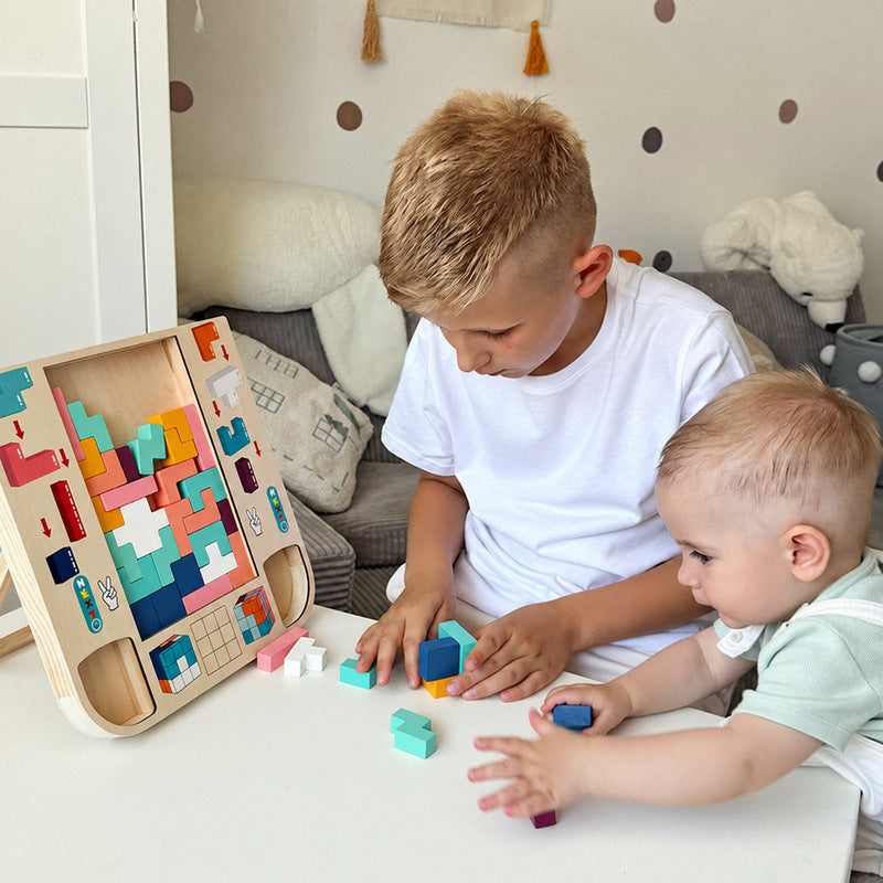 Tetris Puzzle Board with Colorful Wooden Shapes