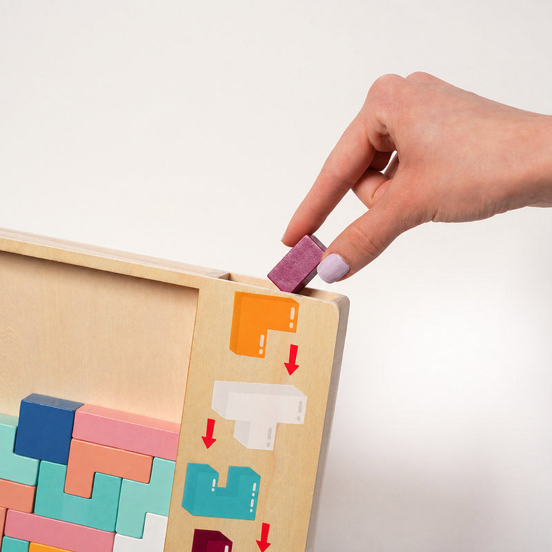 Tetris Puzzle Board with Colorful Wooden Shapes