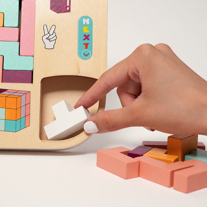 Tetris Puzzle Board with Colorful Wooden Shapes