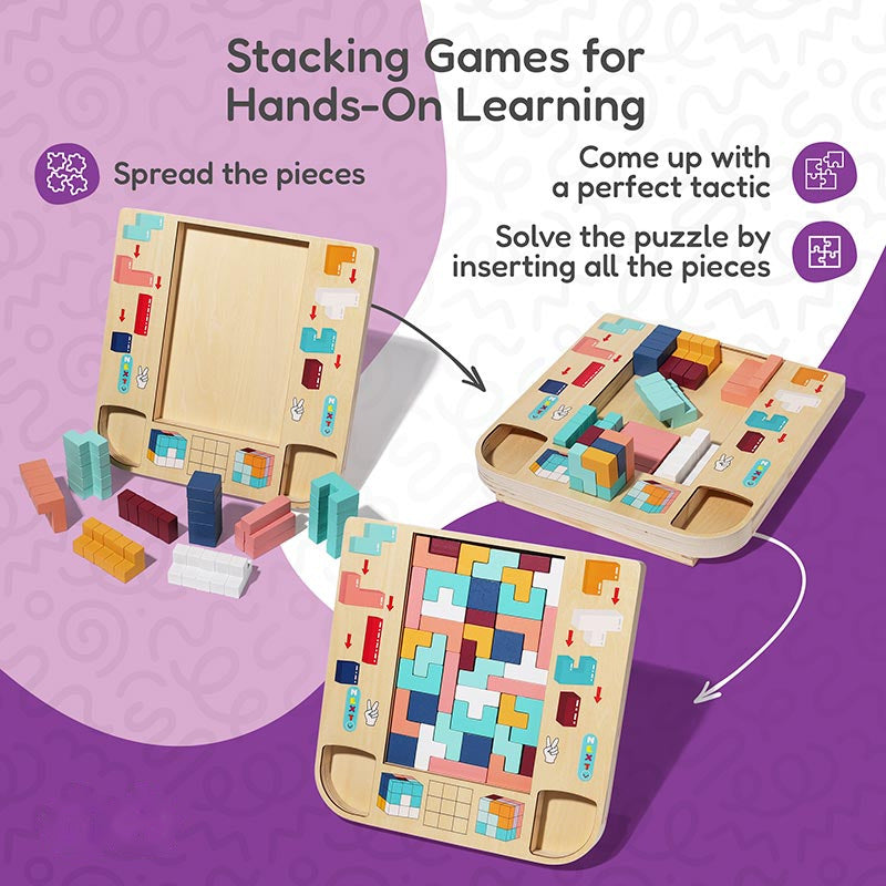 Tetris Puzzle Board with Colorful Wooden Shapes