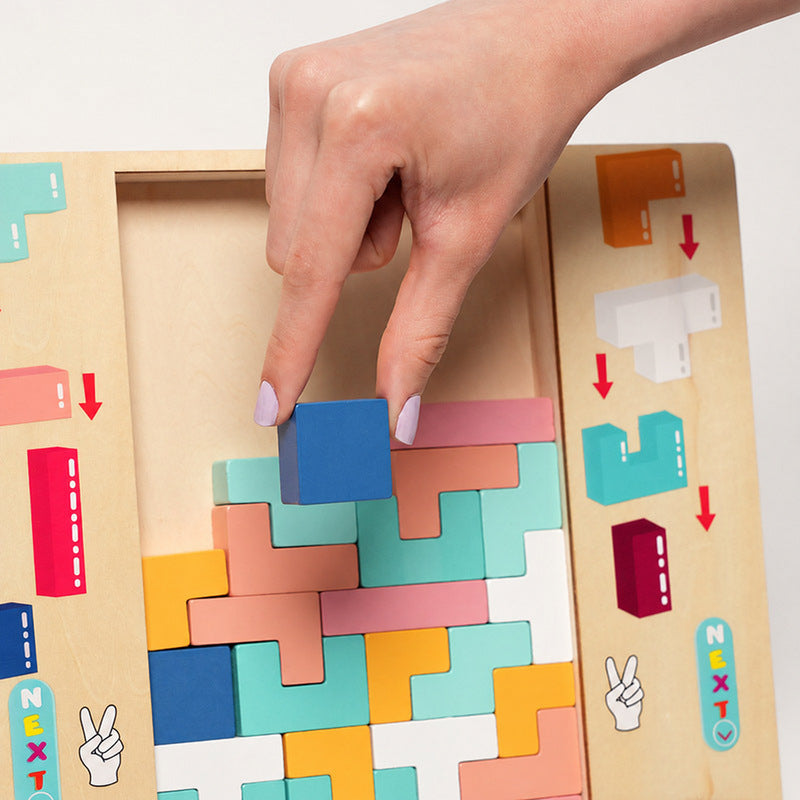 Tetris Puzzle Board with Colorful Wooden Shapes