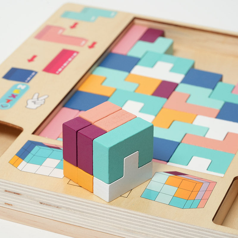 Tetris Puzzle Board with Colorful Wooden Shapes