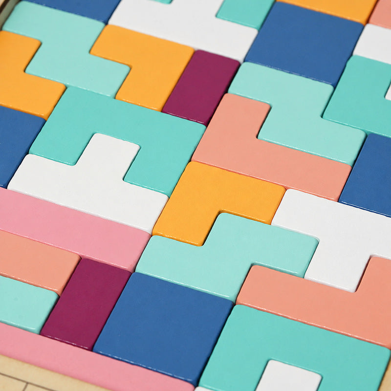 Tetris Puzzle Board with Colorful Wooden Shapes