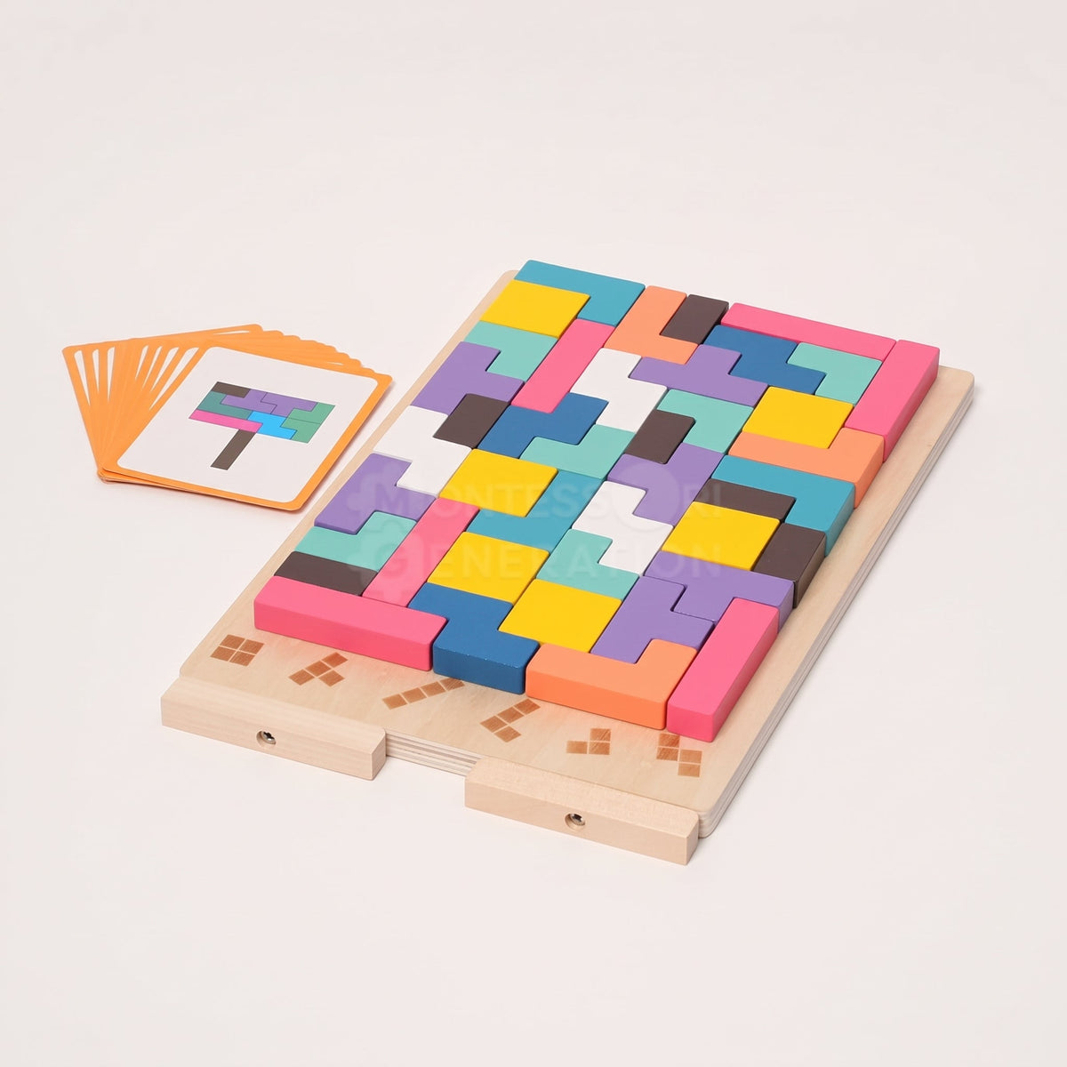 Tetris Puzzle Game with Wooden Board and Challenge Cards