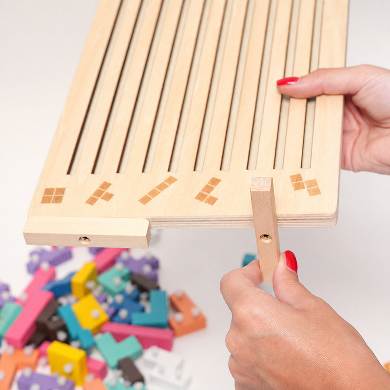 Tetris Puzzle Game with Wooden Board and Challenge Cards