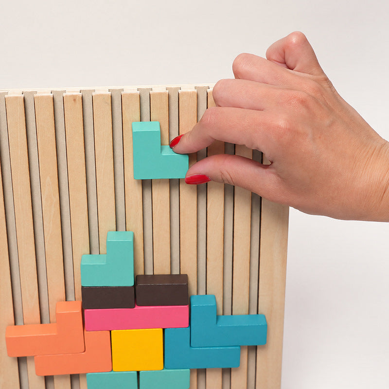 Tetris Puzzle Game with Wooden Board and Challenge Cards