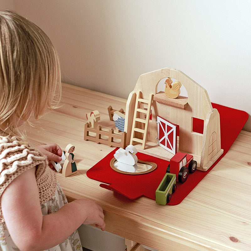 Portable Farm Playset with Wooden Animals and Carry Bag