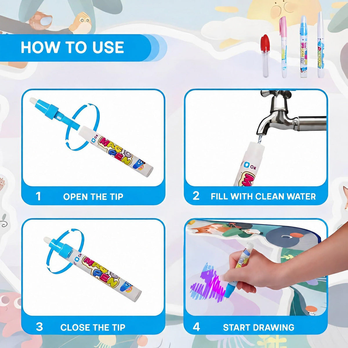 Water Drawing Mat with Educational Border and Accessories