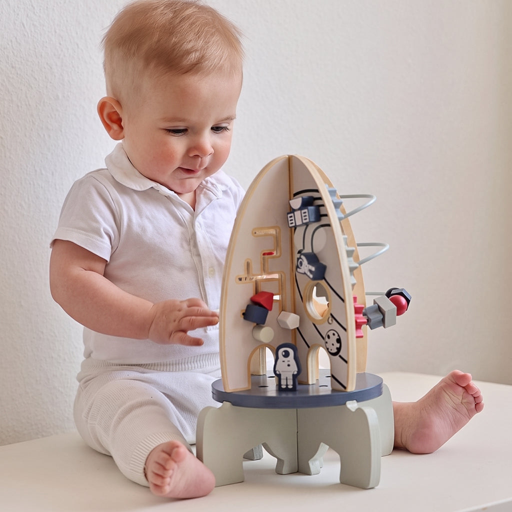 Wooden Activity Rocket with Gears, Maze & Bead Counters