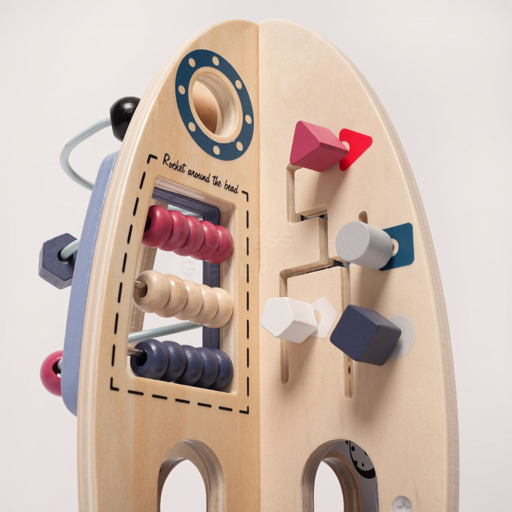 Wooden Activity Rocket with Gears, Maze & Bead Counters