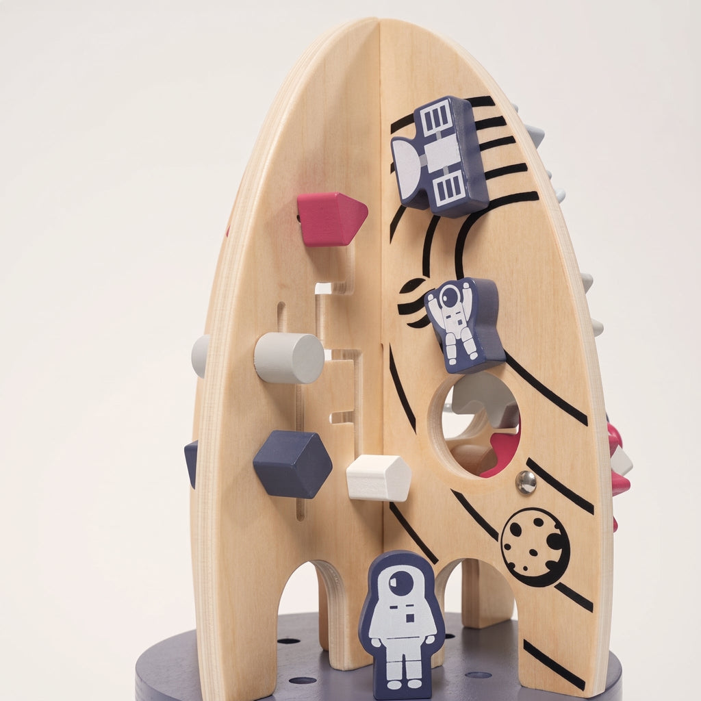 Wooden Activity Rocket with Gears, Maze & Bead Counters