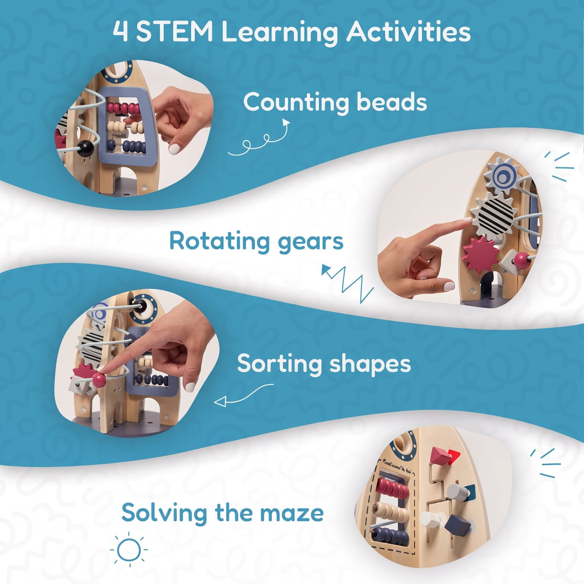 Wooden Activity Rocket with Gears, Maze & Bead Counters
