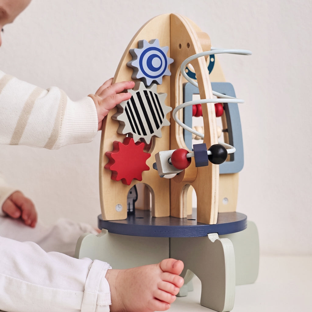 Wooden Activity Rocket with Gears, Maze & Bead Counters