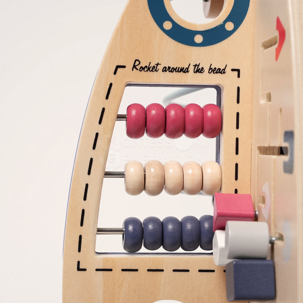 Wooden Activity Rocket with Gears, Maze & Bead Counters
