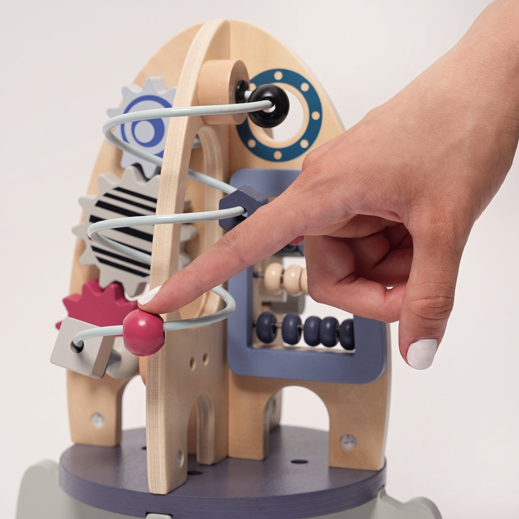 Wooden Activity Rocket with Gears, Maze & Bead Counters