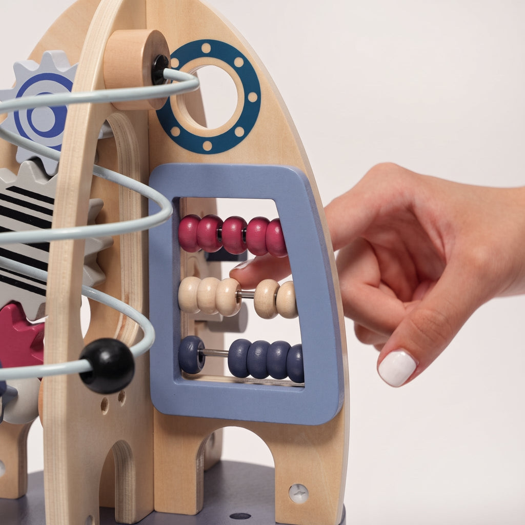 Wooden Activity Rocket with Gears, Maze & Bead Counters