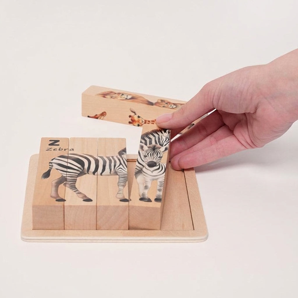 Wooden Animal Puzzle with Rotating Cubes and Letter Learning
