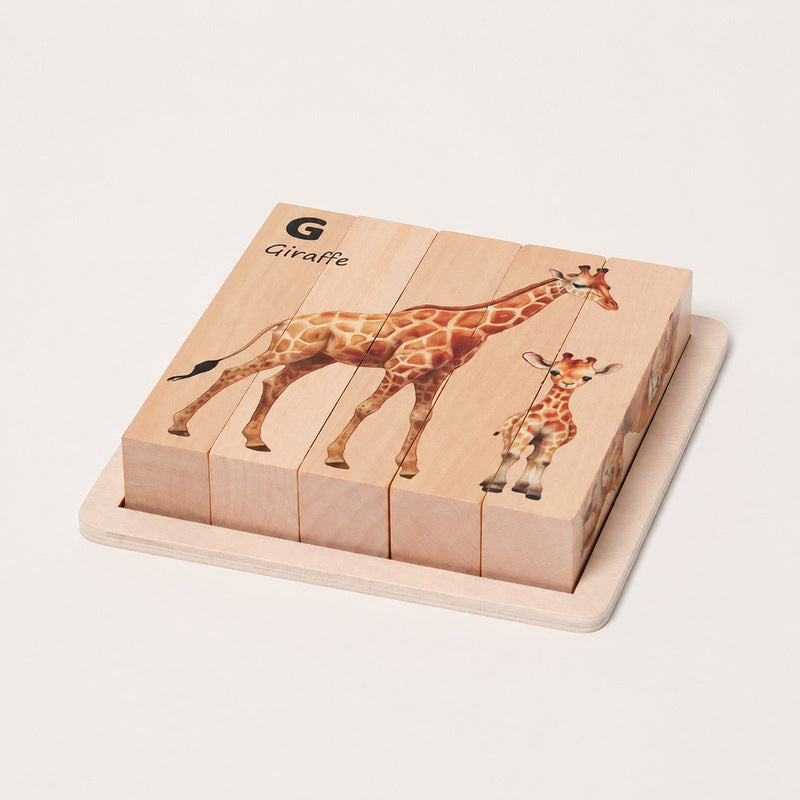 Wooden Animal Puzzle with Rotating Cubes and Letter Learning