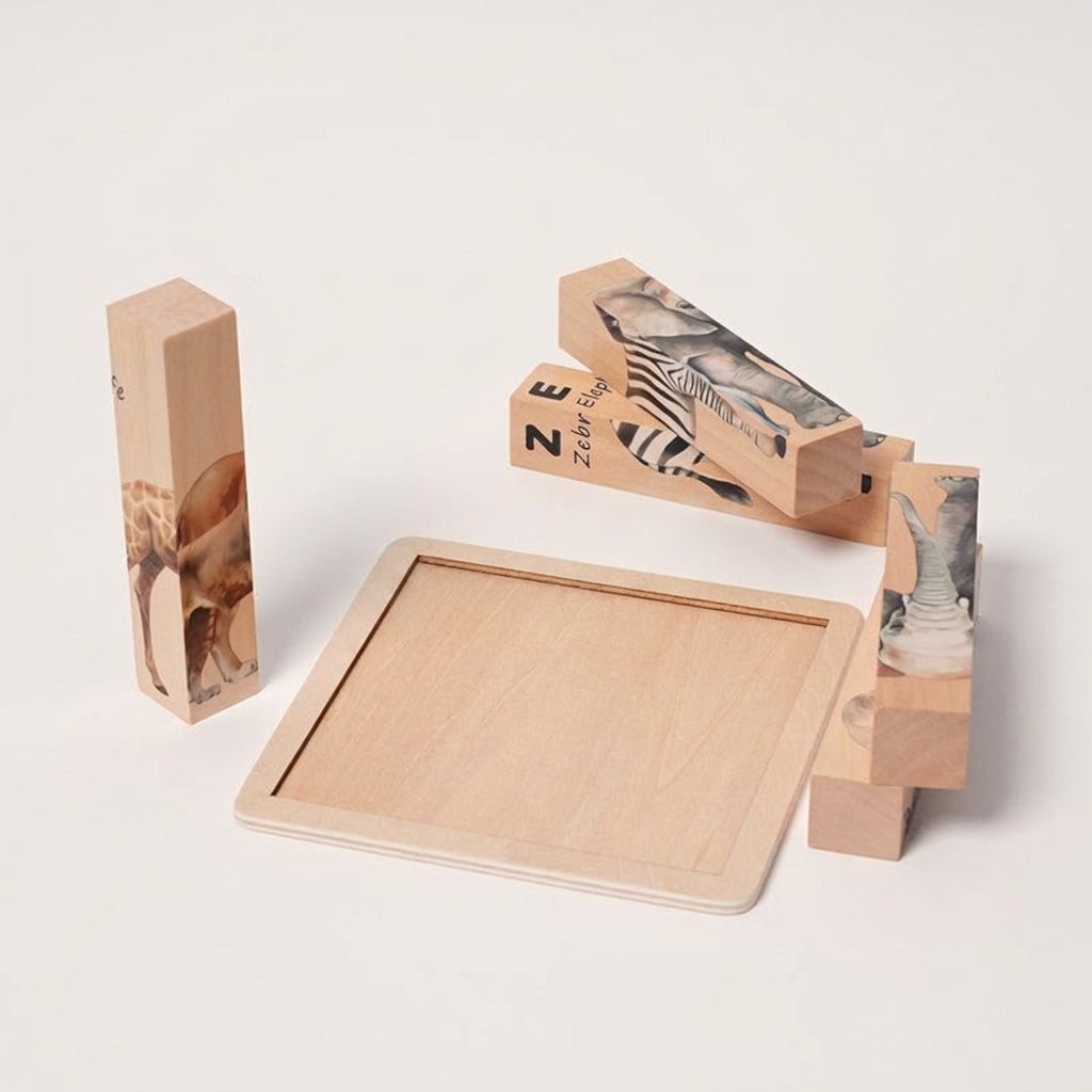 Wooden Animal Puzzle with Rotating Cubes and Letter Learning