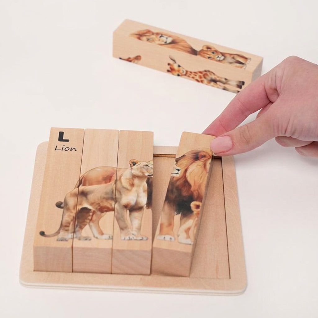 Wooden Animal Puzzle with Rotating Cubes and Letter Learning