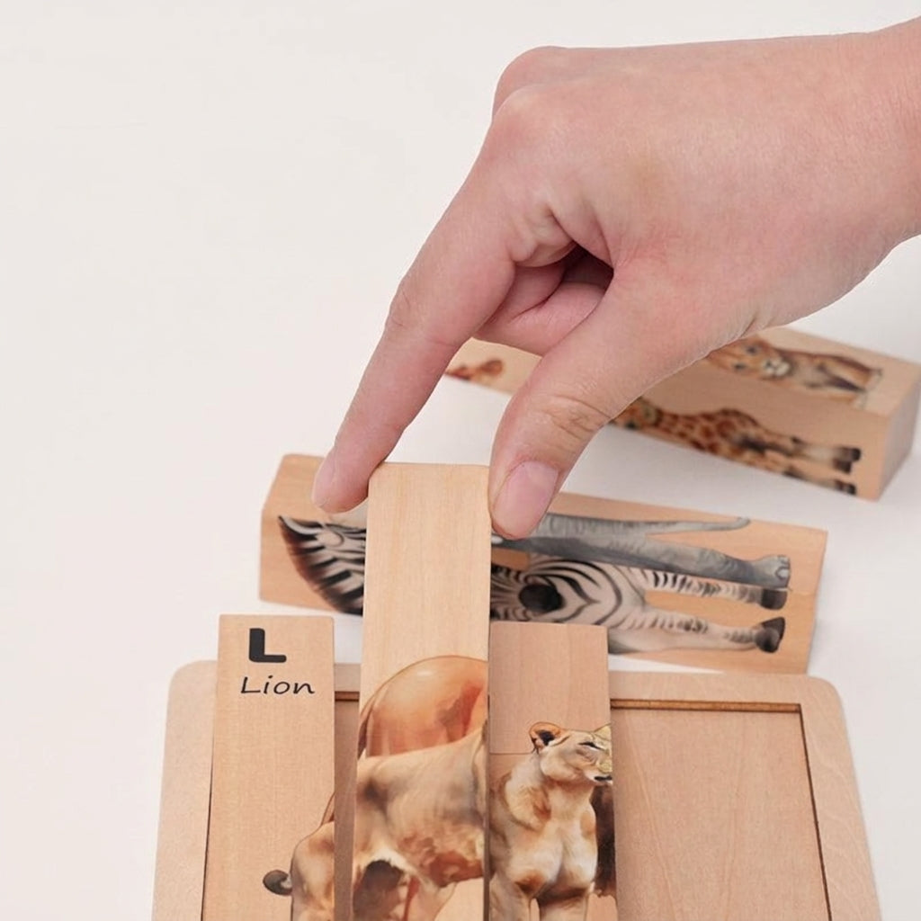 Wooden Animal Puzzle with Rotating Cubes and Letter Learning