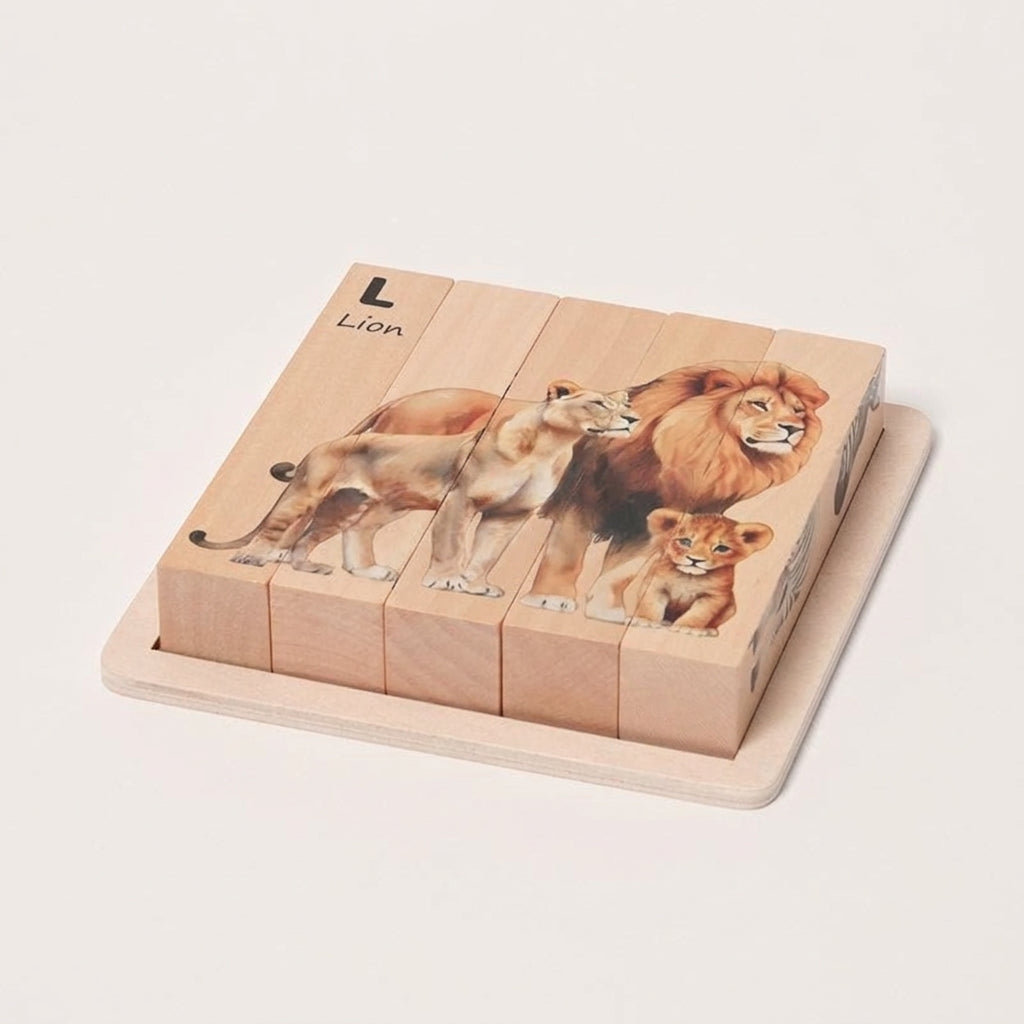 Wooden Animal Puzzle with Rotating Cubes and Letter Learning