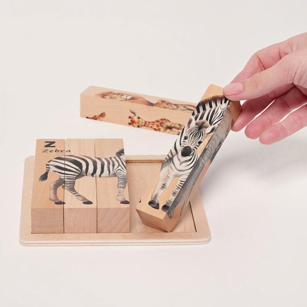 Wooden Animal Puzzle with Rotating Cubes and Letter Learning